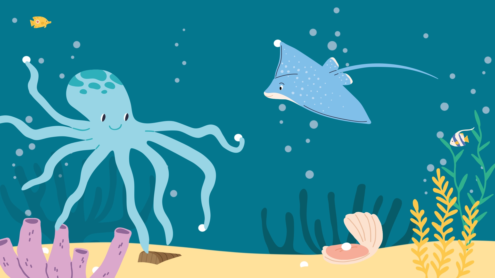 Illustration eines Rochens der einen nach Perlen suchenden Oktopus trifft.
