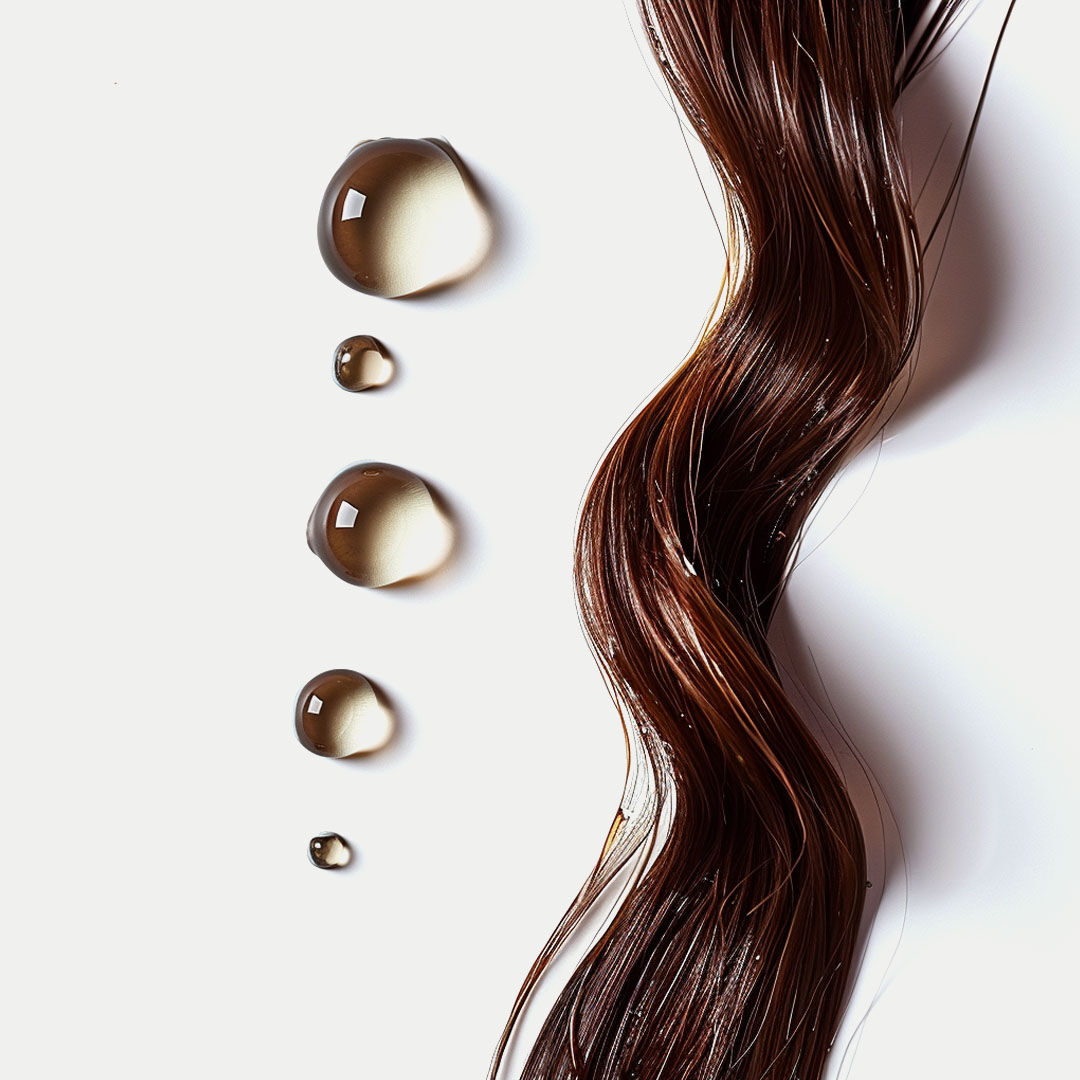 Haaröl-Tropfen und eine lockige Haarsträhne auf weißem Untergrund.