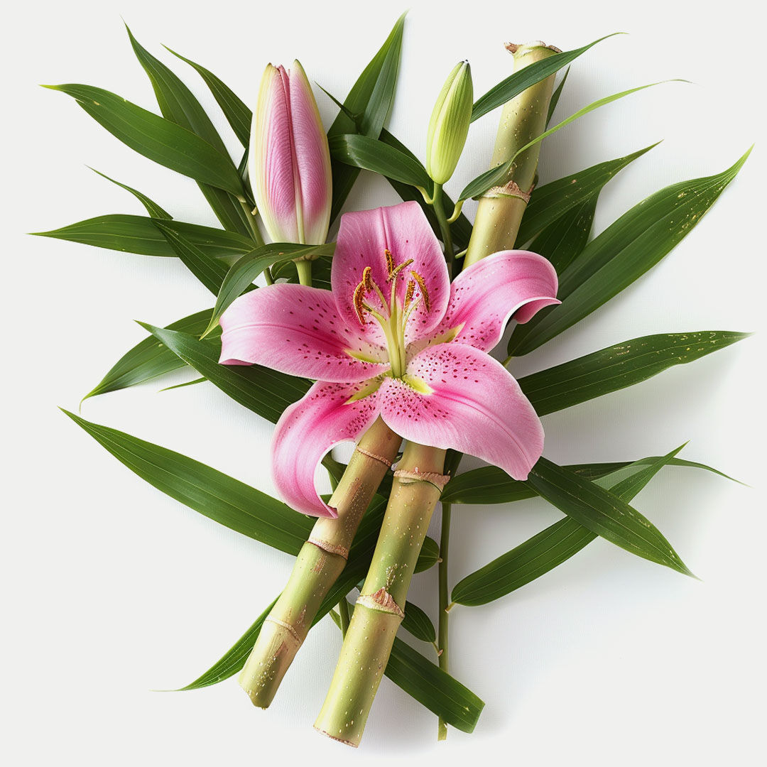 Bambusstöcke und -blätter und eine große, pinke Lilie auf weißem Untergrund