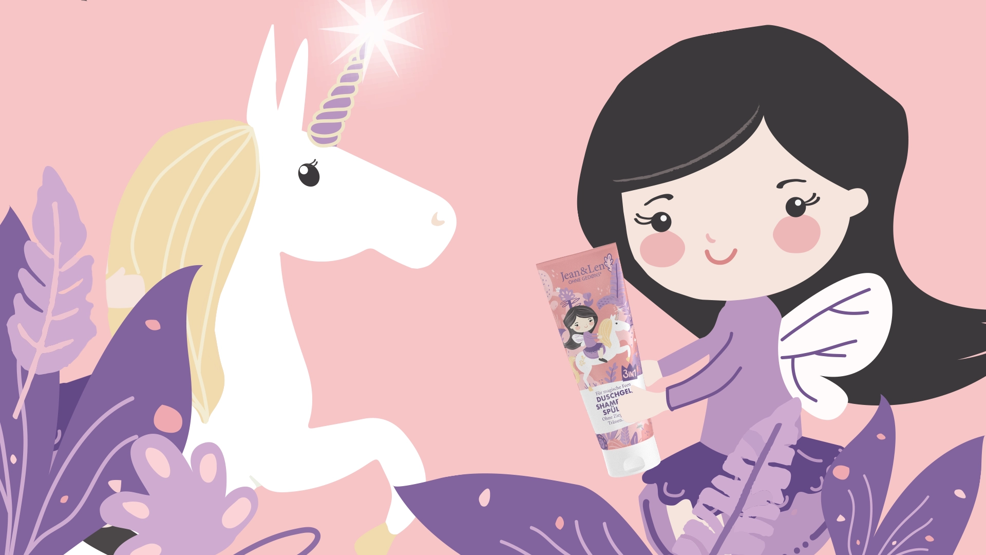 Illustration einer Fee die ihr Duschgel in der Hand hält. Daneben ihr weißes Einhorn.