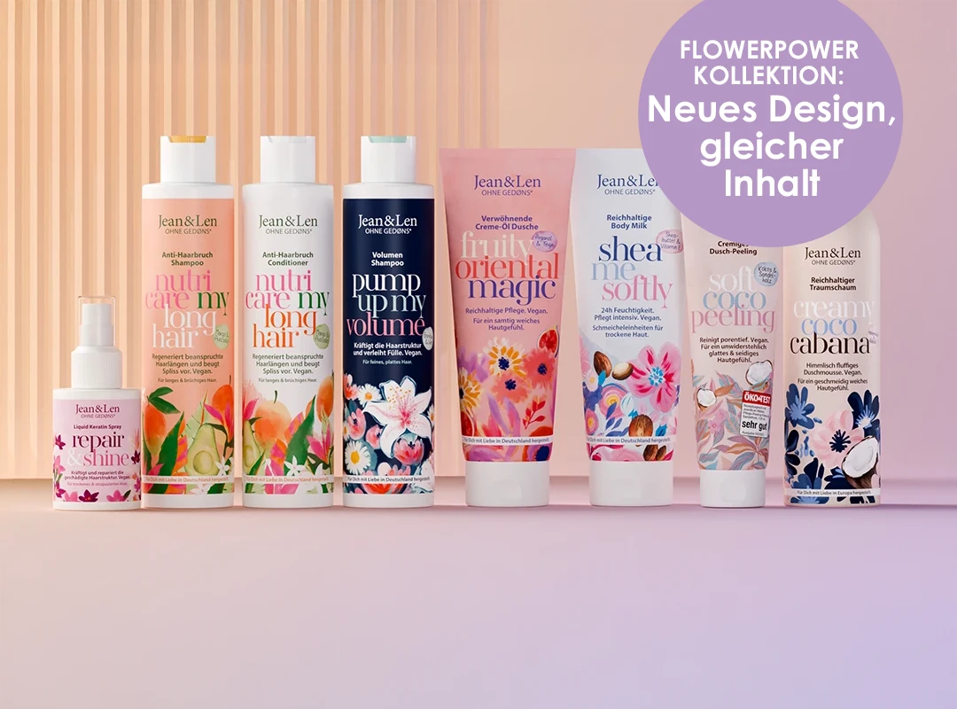 Neues Design der Flowerpower Kollektion Verschiedene Produkte aus der Flowerpower Kollektion mit einem Störer: "Neues Design, gleicher Inhalt".
