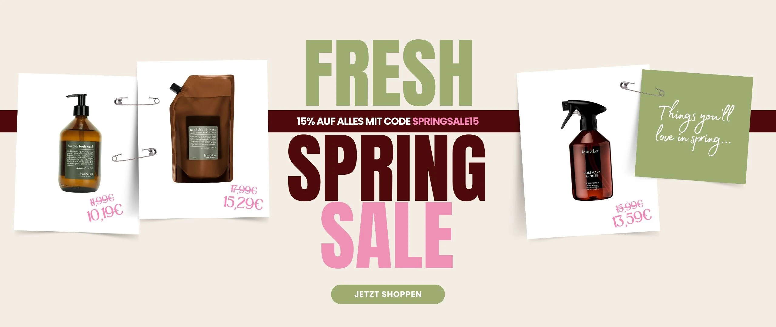 Werbebanner für den Fresh Spring Sale mit Hinweis 15% auf alles mit Code SPRINGSALE15 und Jean&Len-Produkte mit reduzierten Preisen.