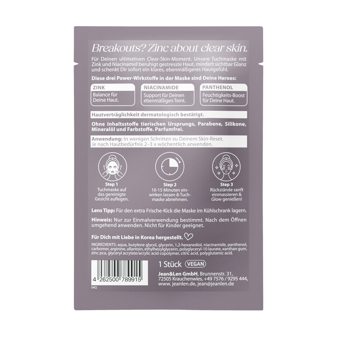 Jean&Len Clarifying Zinc Tuchmaske, 1 St Produktansicht Hinten