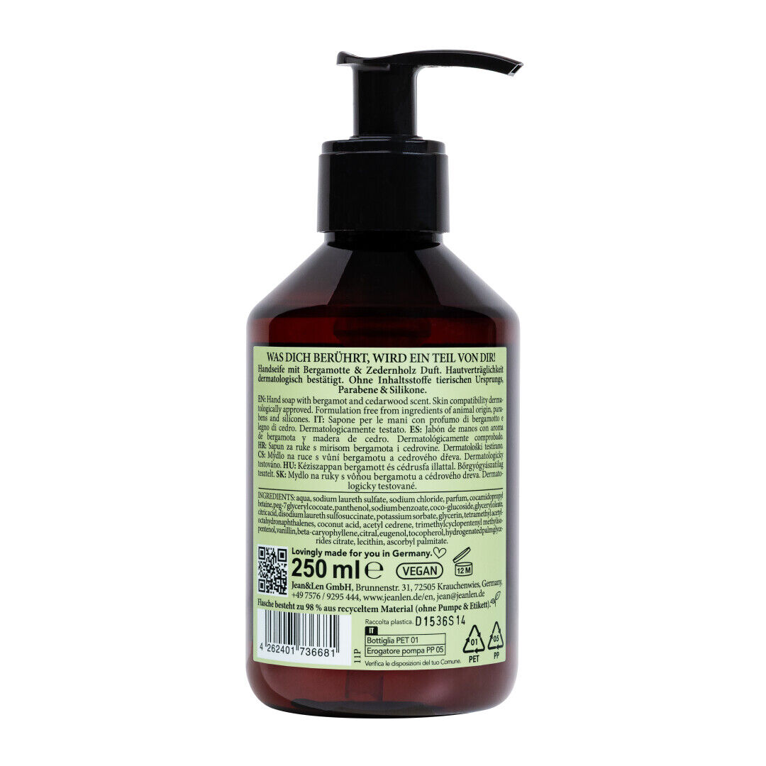 Jean&Len Hand Soap Bergamot/Cedarwood, 250 ml Produktansicht Hinten