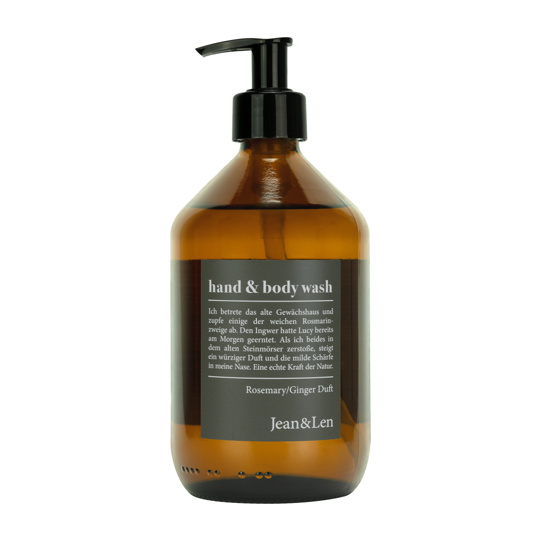 Jean&Len Hand & Body Wash Rosemary/Ginger Glasflasche, 500 ml Produktansicht Vorne
