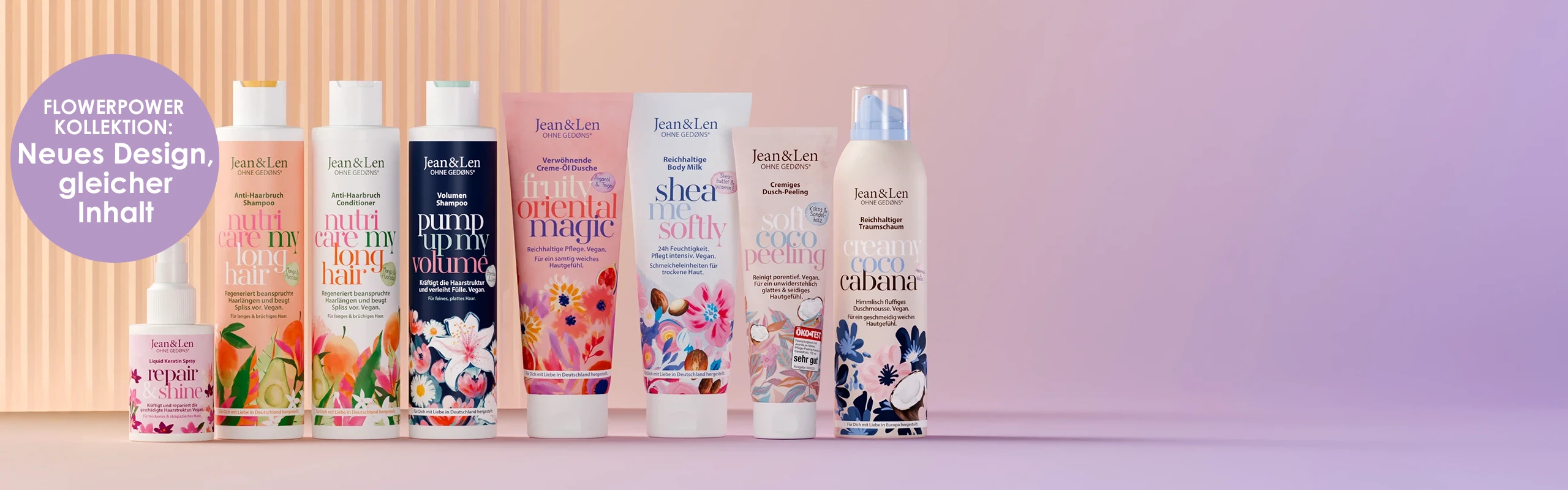Neues Design der Flowerpower Kollektion Verschiedene Produkte aus der Flowerpower Kollektion mit einem Störer: "Neues Design, gleicher Inhalt".