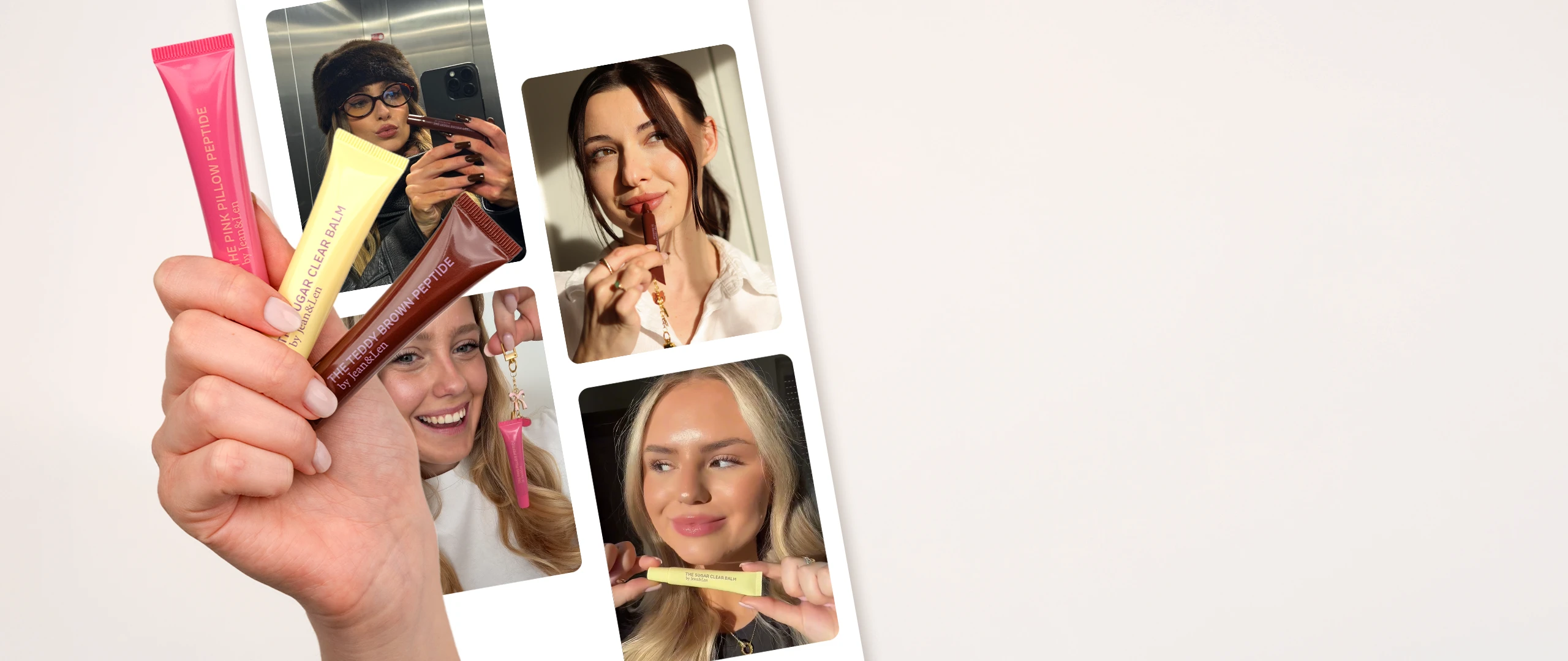 Lip Treatment tubes Pink Pillow, Teddy Brown and Sugar Clear fanned out in one hand. Behind them are pictures of influencers wearing the lip treatments.