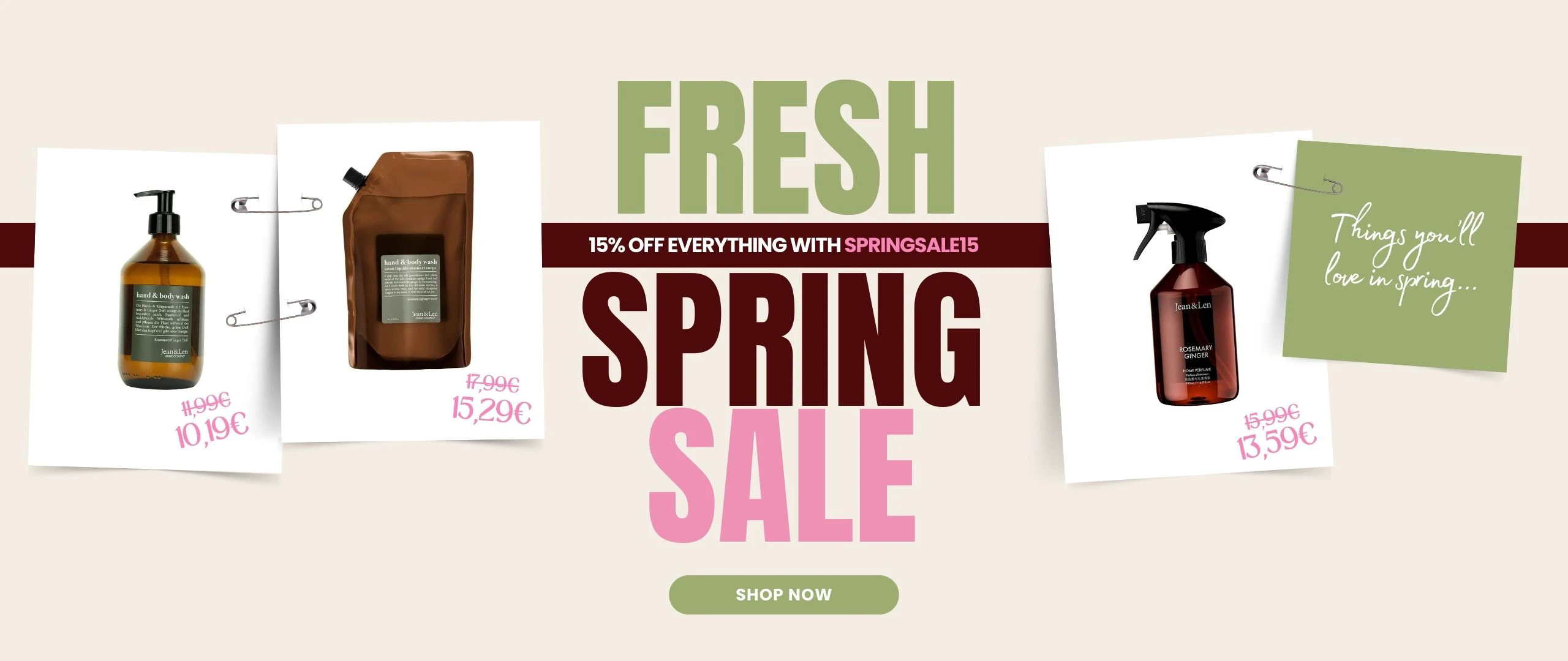 Promotional banner Fresh Spring Sale featuring 15% off everything with code SPRINGSALE15 and Jean&Len products with discounted prices.