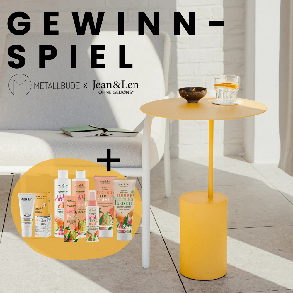 Gewinnspiel Metallbude x Jean&Len für einen gelben Metalltisch und ein sommerliches Pflegepaket