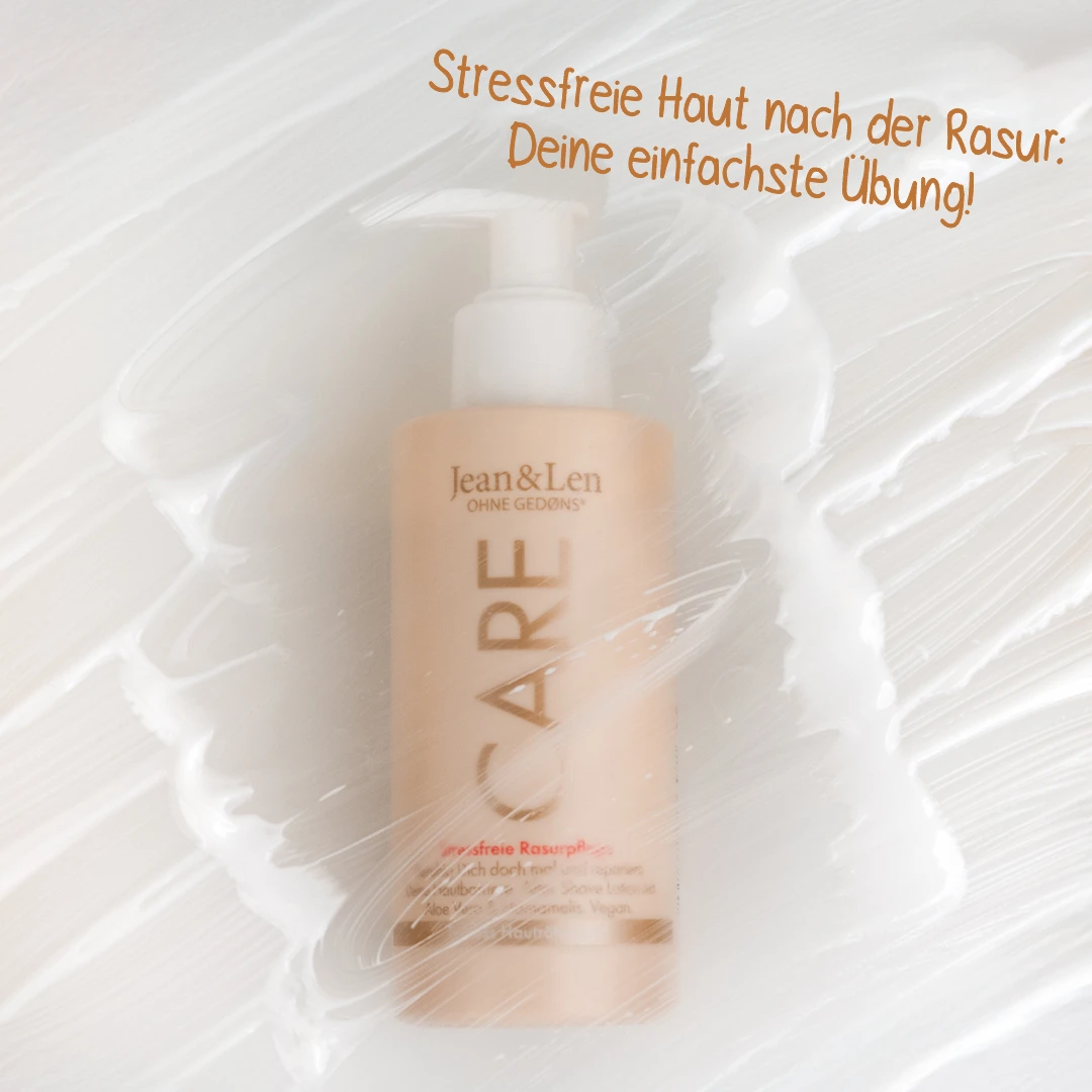 Aftershave Lotion mit Notiz "Stressfreie Haut nach der Rasur: Deine einfachste Übung!"