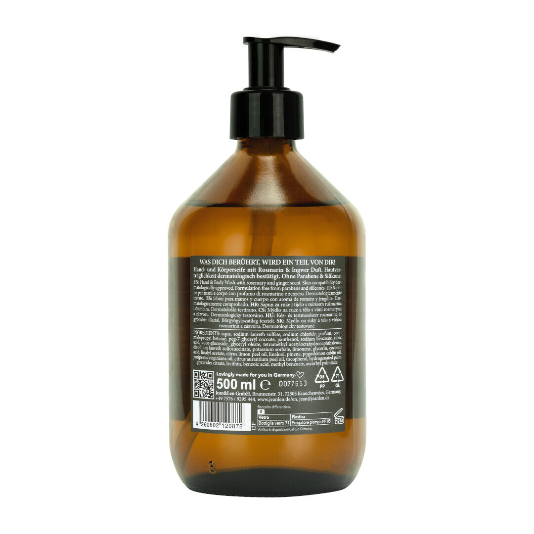 Jean&Len Hand & Body Wash Rosemary/Ginger Glasflasche, 500 ml Produktansicht Hinten