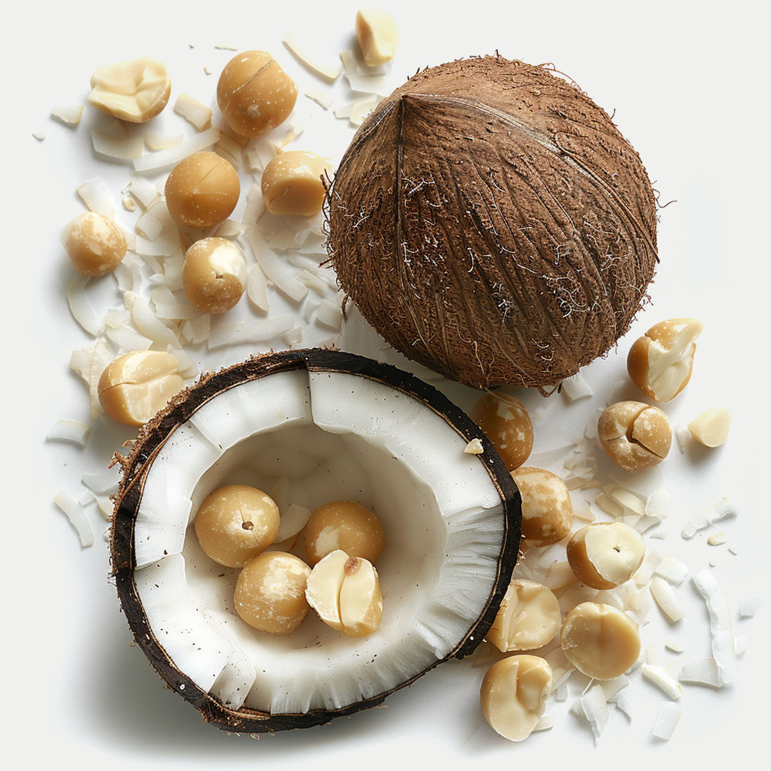 Eine ganze und eine halbe Kokosnuss und mehrere Macadamianüsse verteilt auf hellem Untergrund.