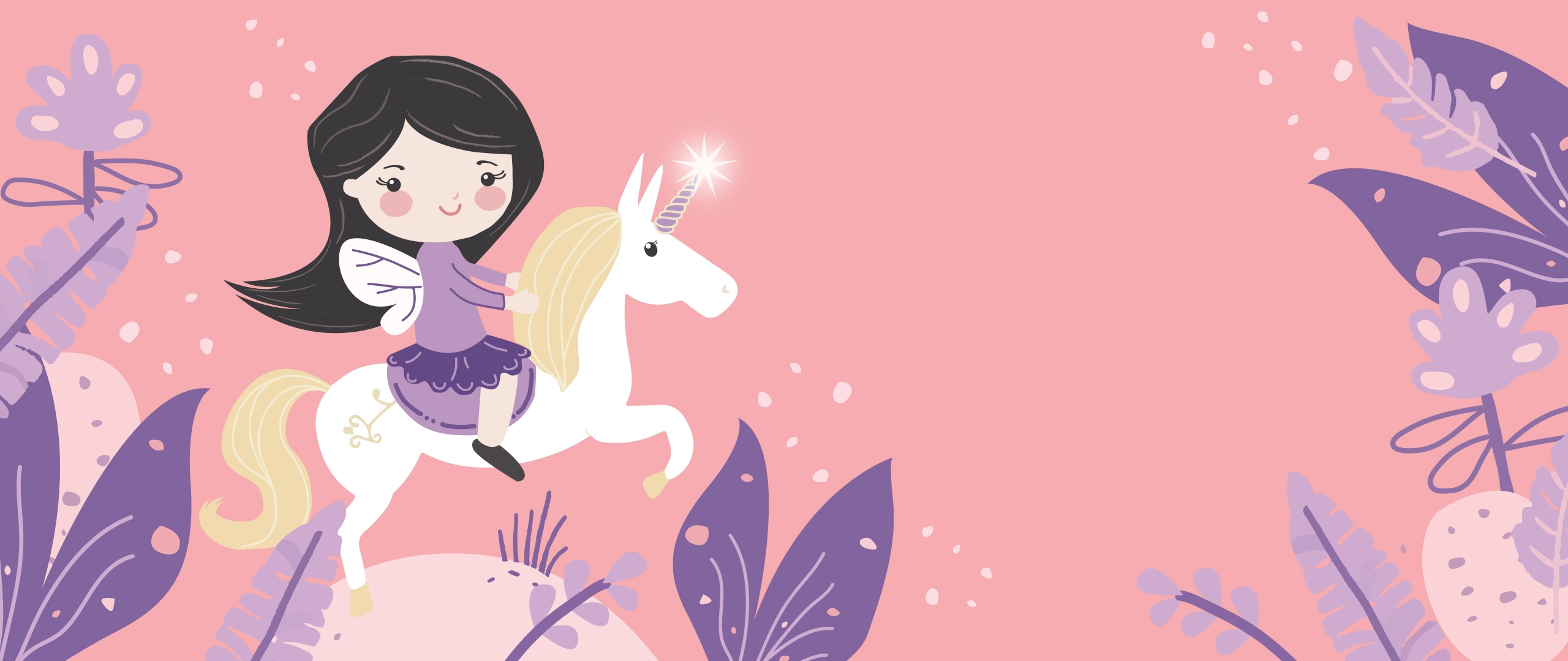 Illustration einer Fee die auf ihrem Einhorn reitet.