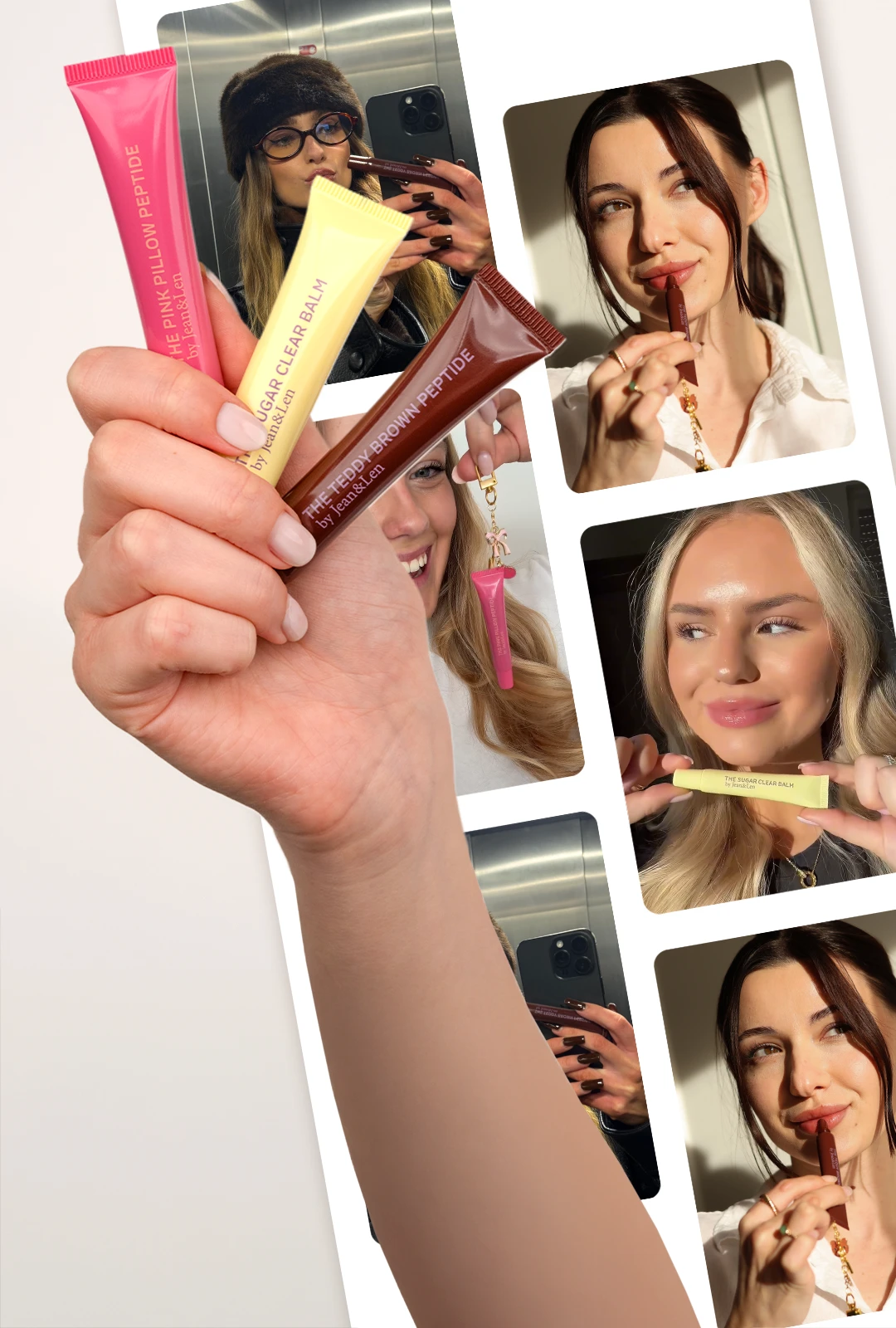 Lip Treatment Tuben Pink Pillow, Teddy Brown und Sugar Clear aufgefächert in einer Hand. Dahinter Bilder von Influencerinnen mit den Lip Treatments.