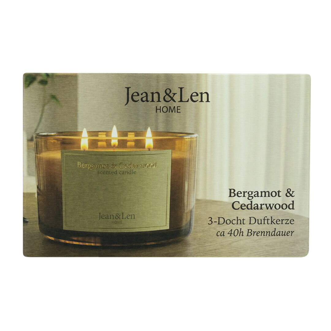 Jean&Len Scented Candle, 3 Wick, Bergamot/Cedarwoood, 460 g Produktansicht Kartonage