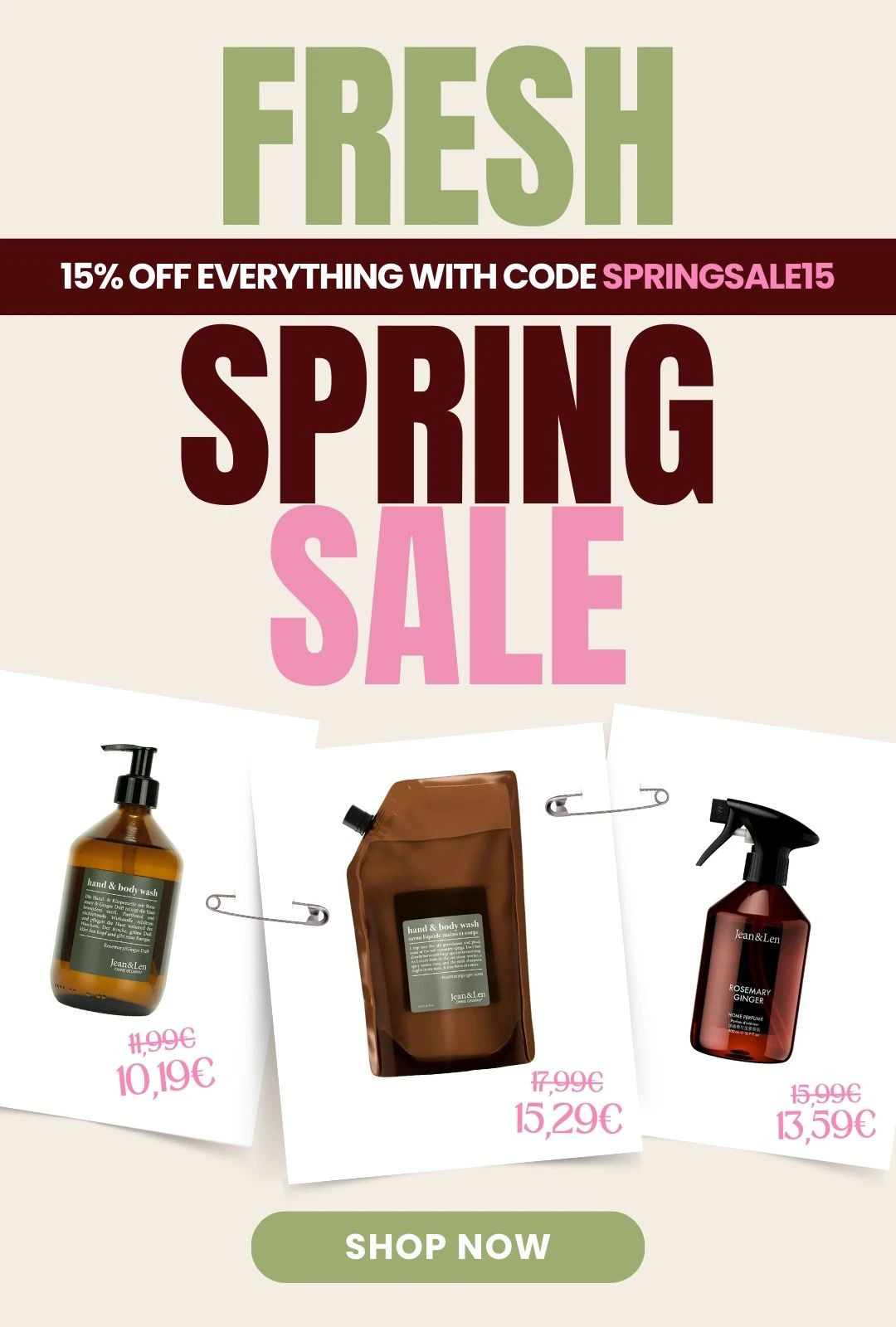 Promotional banner Fresh Spring Sale featuring 15% off everything with code SPRINGSALE15 and Jean&Len products with discounted prices.