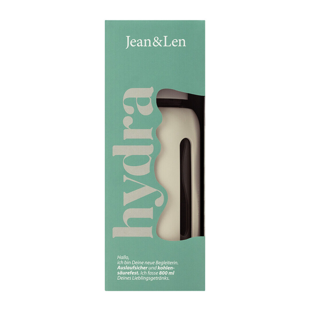 Jean&Len Trinkflasche, Borosilikatglas mit Silikonmantel, greige, 800 ml Produktansicht Kartonage
