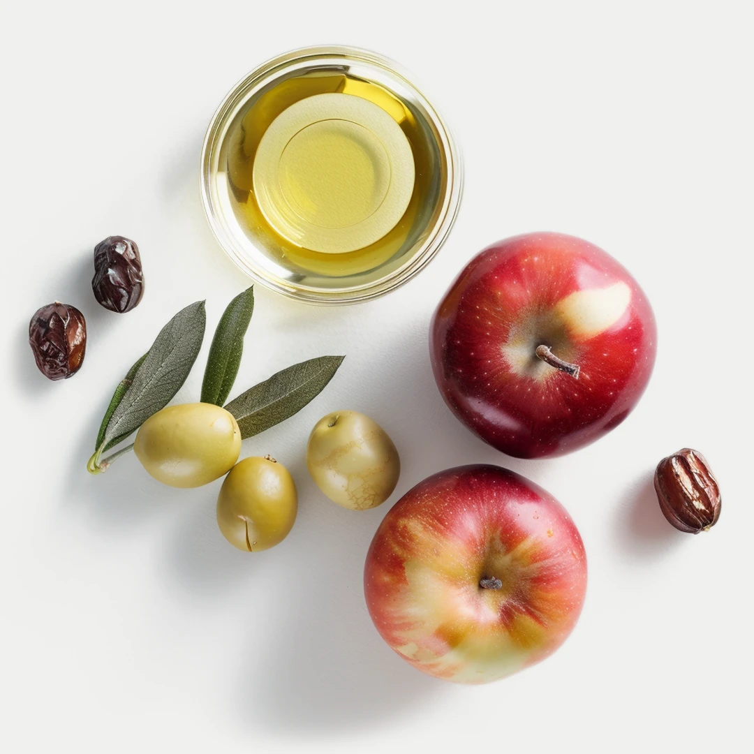 Pflege für trockene Haare mit Jojoba und Apfel Jojobafrüchte, Jojobaöl in einer Schale und Äpfel auf hellem Hintergrund
