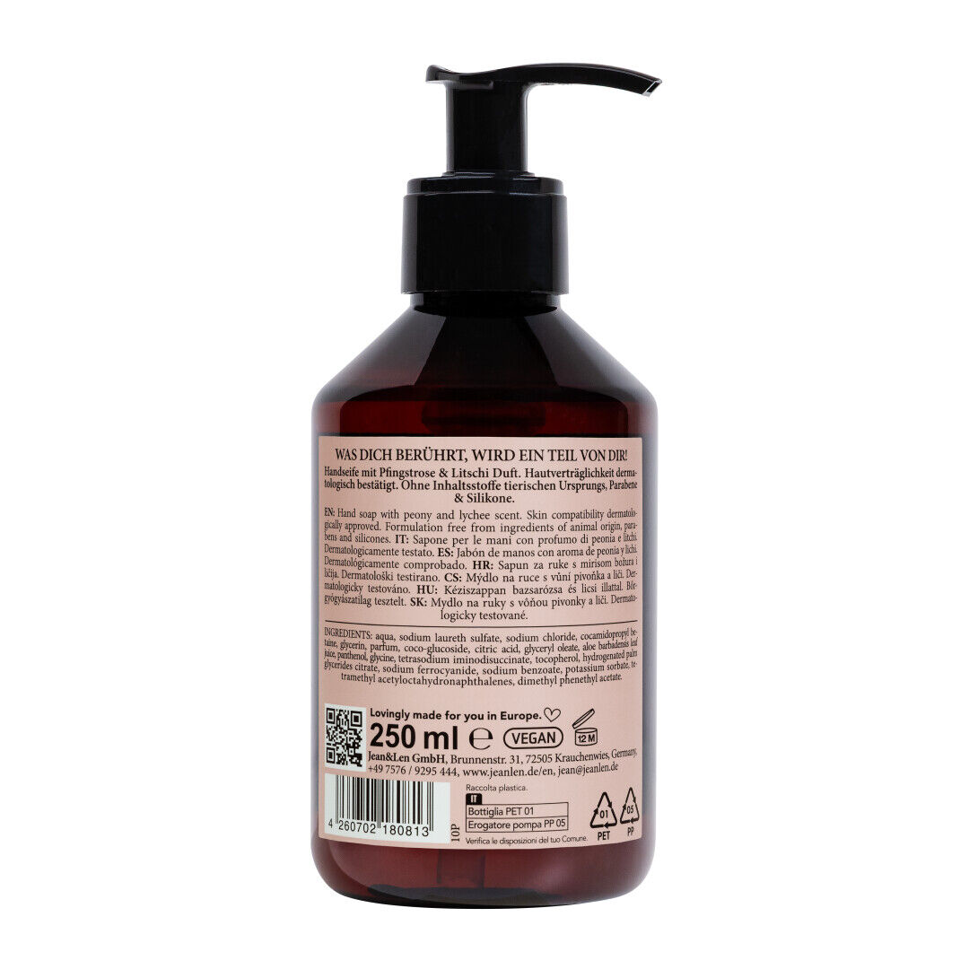 Jean&Len Hand Soap Pfingstrose/Litschi - Flüssigseife Produktansicht Hinten