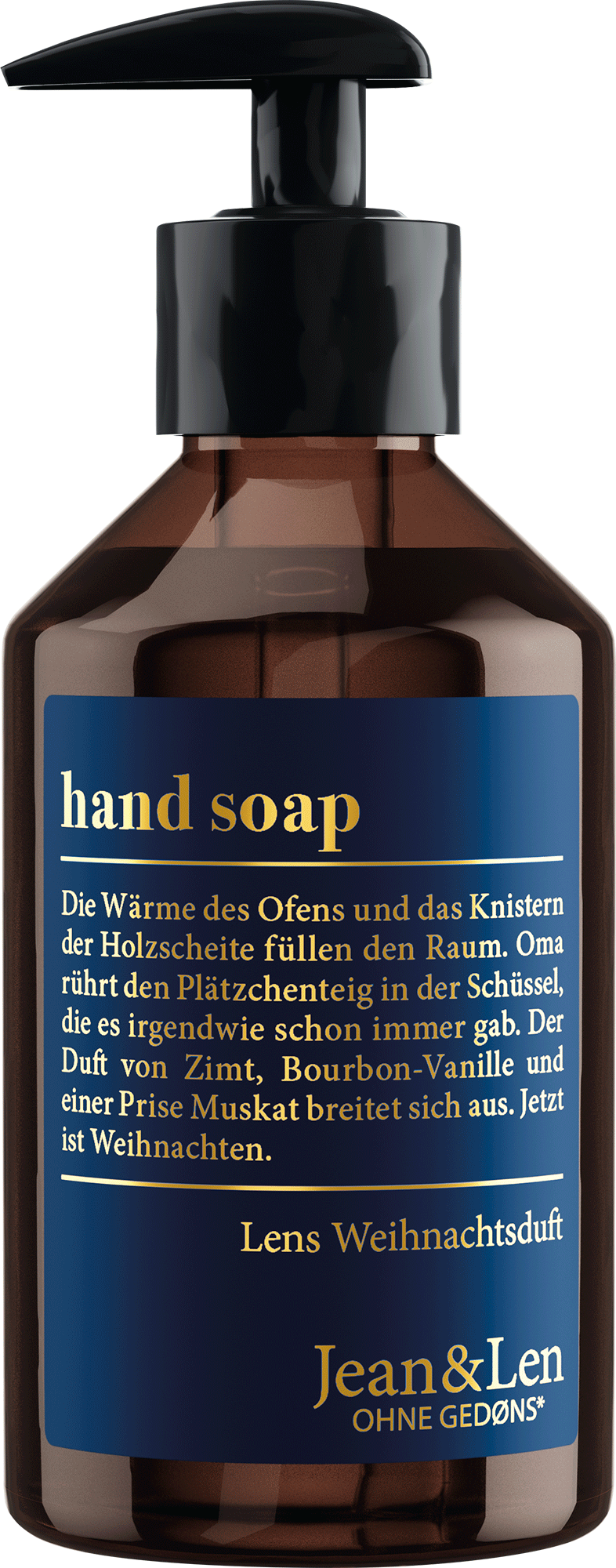 Hand Soap Lens Weihnachtsduft mit dunkelblauem Etikett und goldener Schrift in einer transparent-braunen Pumpflasche.