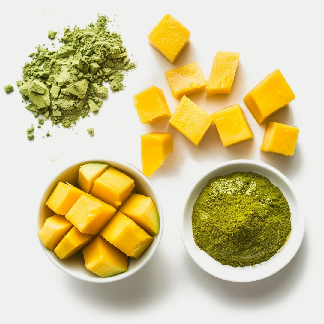 Mango/Matcha Haarpflege für lockiges Haar Matcha-Tee Pulver und gewürfelte Mango in kleinen weißen Schalen auf hellem Untergrund.