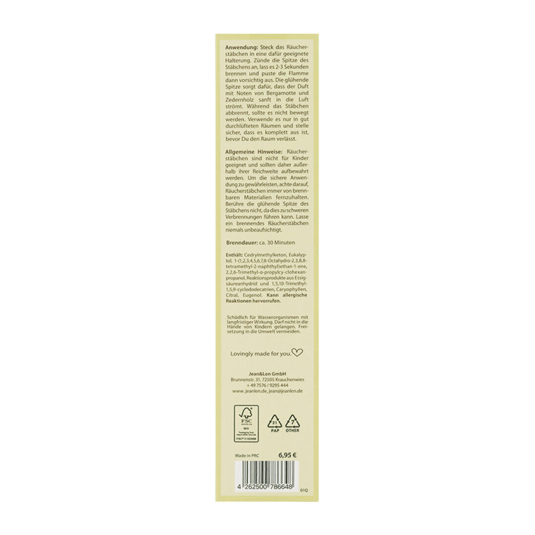 Jean&Len Räucherstäbchen, Bergamot/Cedarwood, 20 Stäbchen Moodshot 1 2